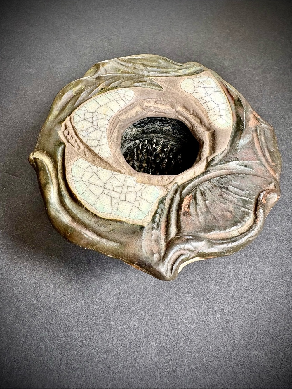 Prolon Raku Fired Artisan Ceramic Flower Frog - Iridescent Grey and Cream - Picture 3 of 6